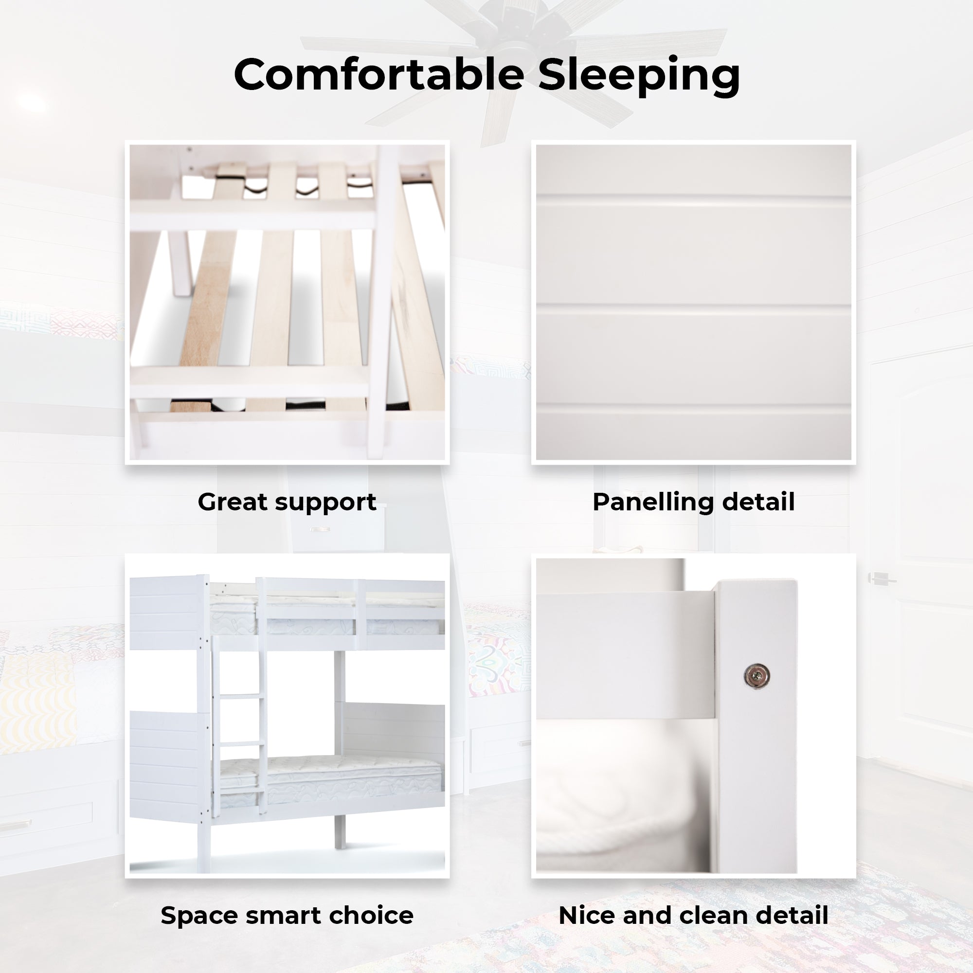 Zinnia Single Bunk Bed Frame Solid Rubber Timber Wood Loft Furniture - White-Furniture > Bedroom > Beds & Bed Frames-PEROZ Accessories