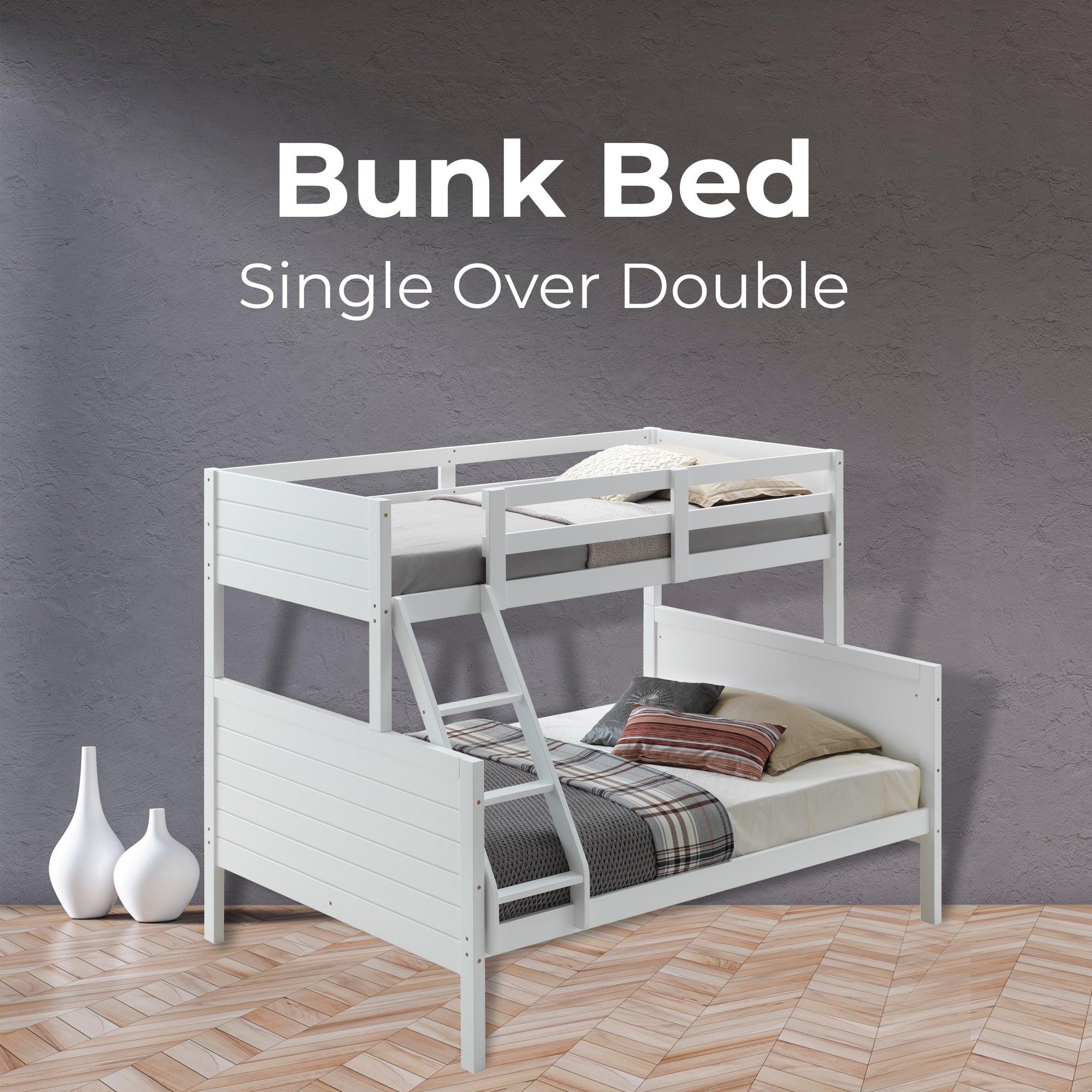 Zinnia Single Double Bunk Bed Frame Rubber Timber Wood Loft Furniture - White-Furniture > Bedroom > Beds & Bed Frames-PEROZ Accessories