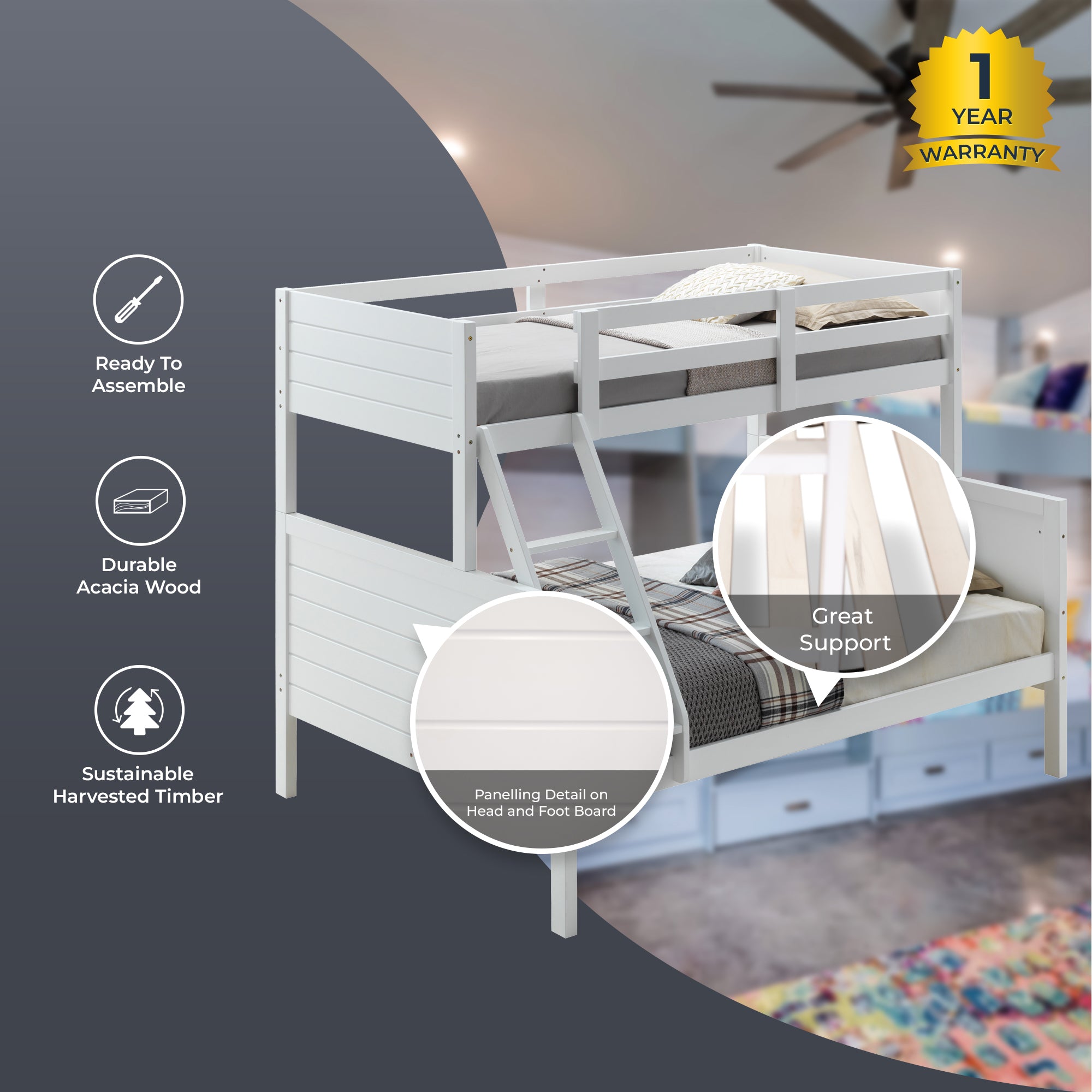 Zinnia Single Double Bunk Bed Frame Rubber Timber Wood Loft Furniture - White-Furniture > Bedroom > Beds & Bed Frames-PEROZ Accessories