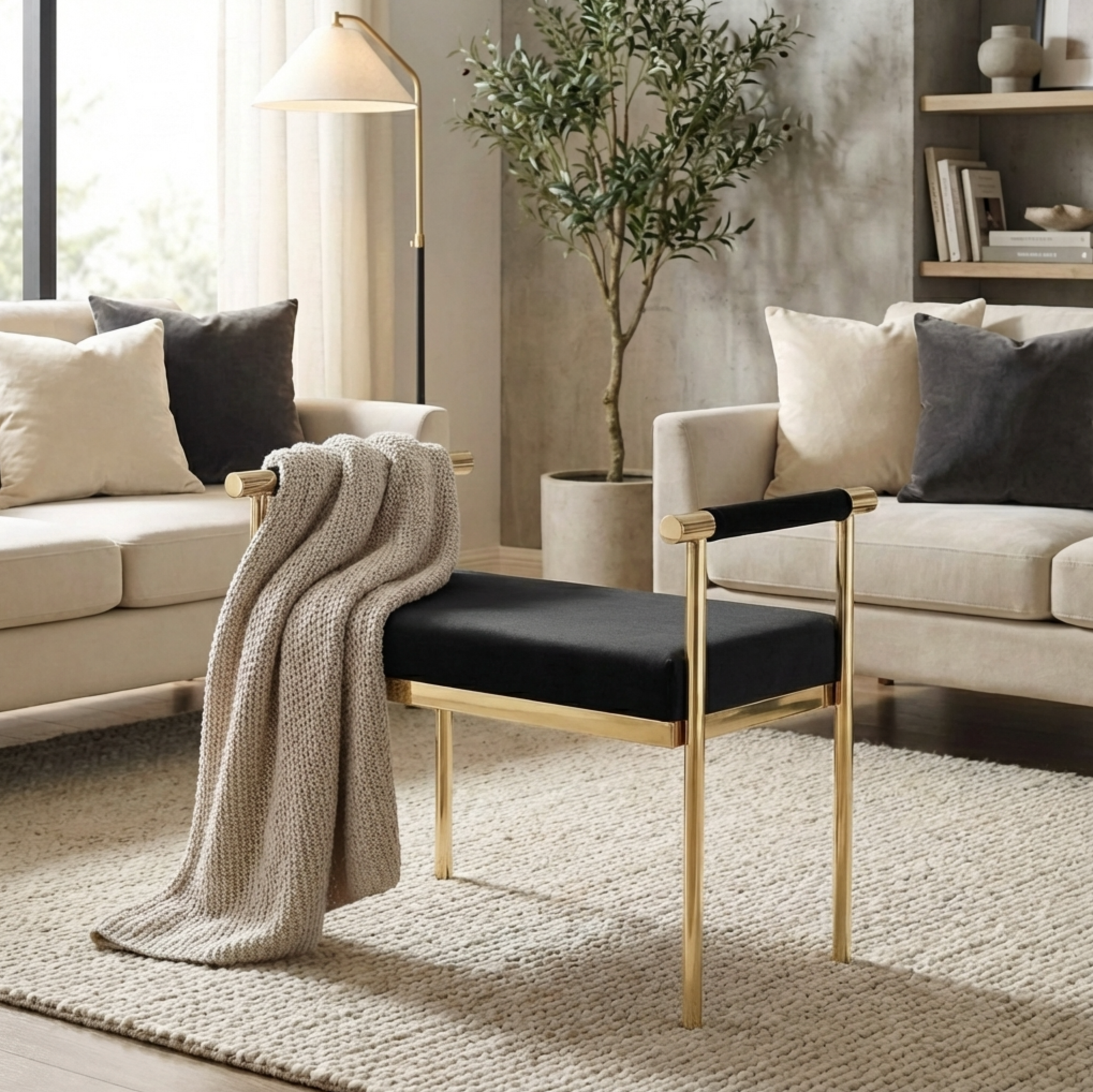 Interior Ave - Cuba Velvet Vanity Stool - Black-Furniture > Bedroom-PEROZ Accessories
