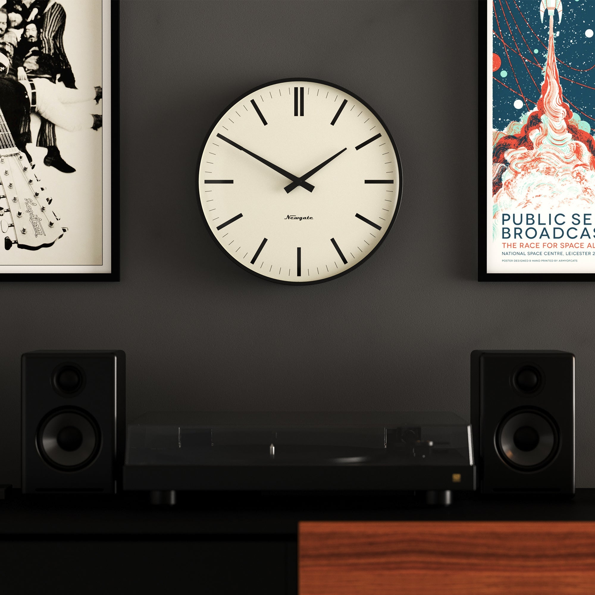 Newgate Radio City Wall Clock Bold Black Marker Dial - Matte Black-Home & Garden > Decor-PEROZ Accessories