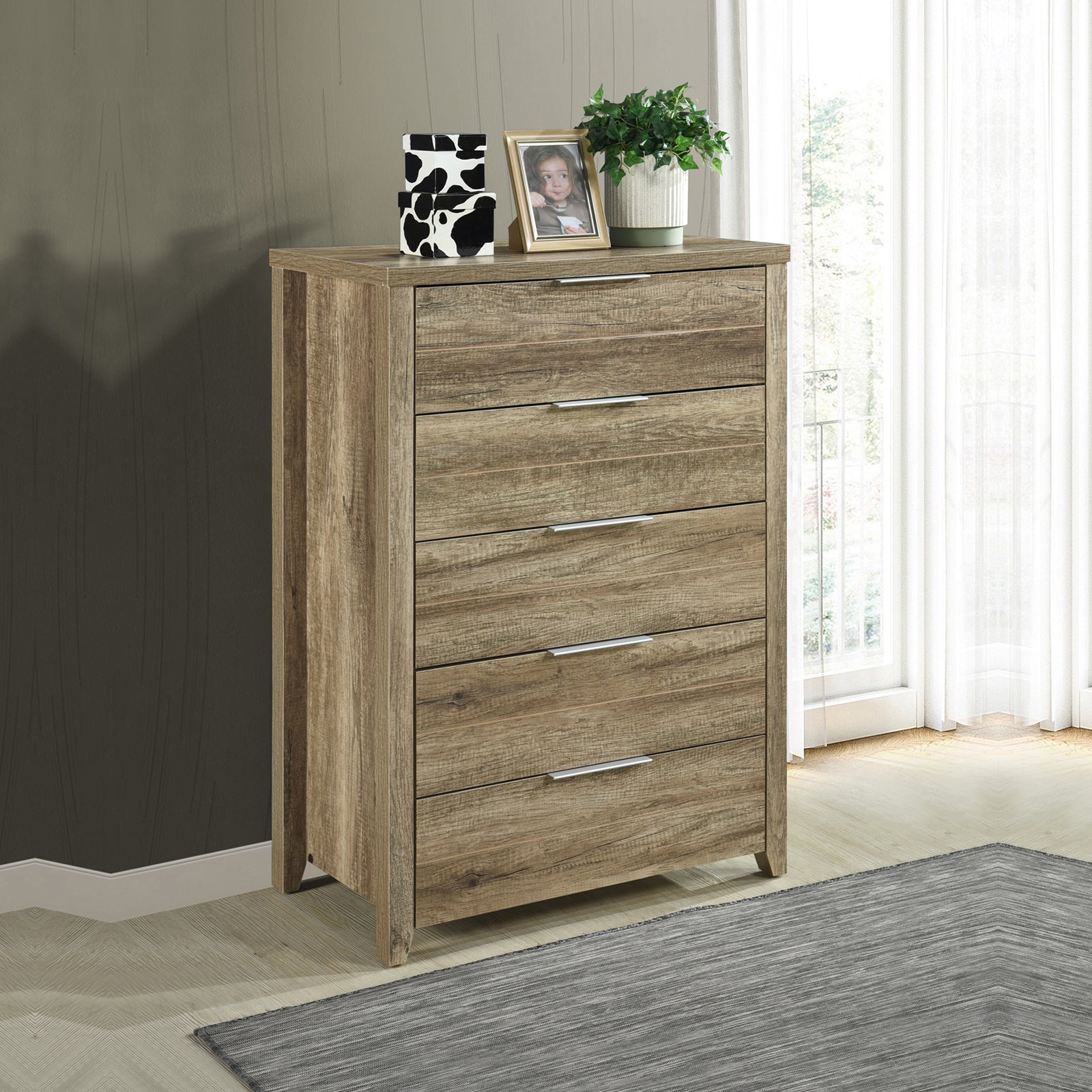 5 Pieces Bedroom Suite Natural Wood Like MDF Structure Queen Size Oak Colour Bed, Bedside Table, Tallboy & Dresser-Furniture > Bedroom-PEROZ Accessories