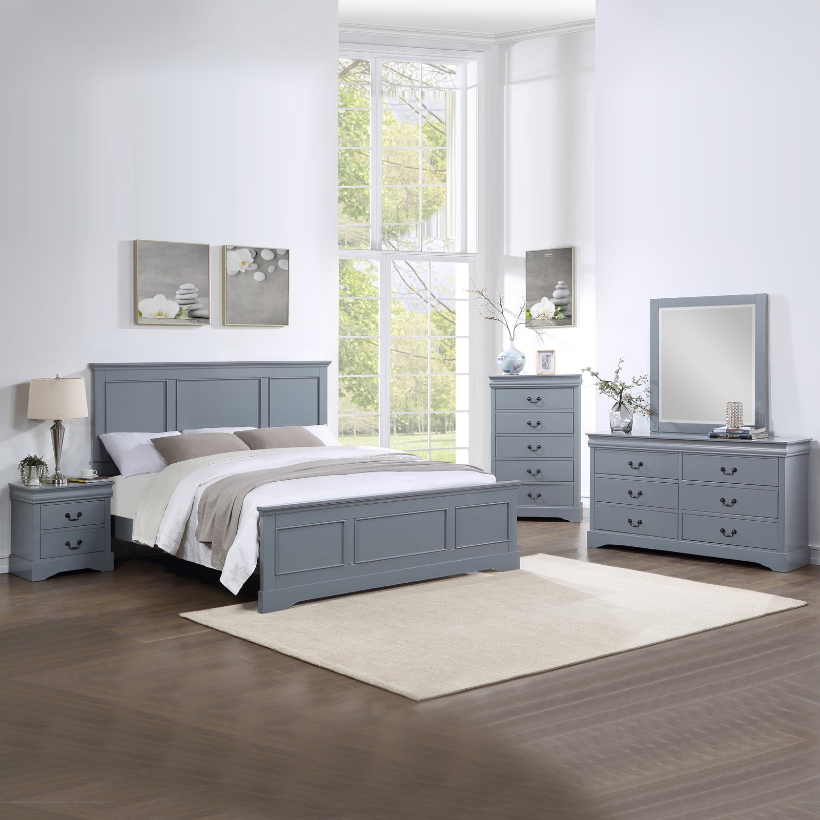 5 Pieces Bedroom Suite in Solid Wood & MDF Queen Size Grey Colour Bed, Bedside Table, Dresser & Tallboy-Furniture > Bedroom > Beds & Bed Frames-PEROZ Accessories