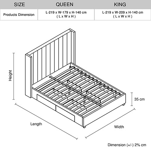 King Size High Rise Headboard Linen Beige Fabric Four MDF Drawers with Wheels Bed Frame-Furniture > Bedroom > Beds & Bed Frames-PEROZ Accessories