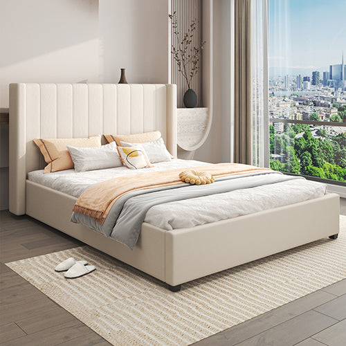 Alexa Queen Size High Rise Headboard Linen Beige Fabric Four MDF Drawers with Wheels Bed Frame-Furniture > Bedroom > Beds & Bed Frames-PEROZ Accessories