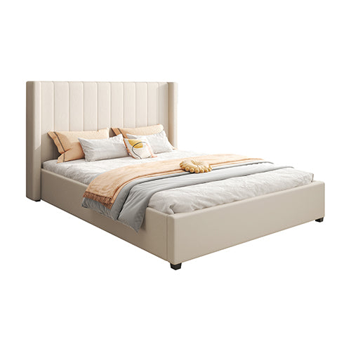 Alexa Queen Size High Rise Headboard Linen Beige Fabric Four MDF Drawers with Wheels Bed Frame-Furniture > Bedroom > Beds & Bed Frames-PEROZ Accessories