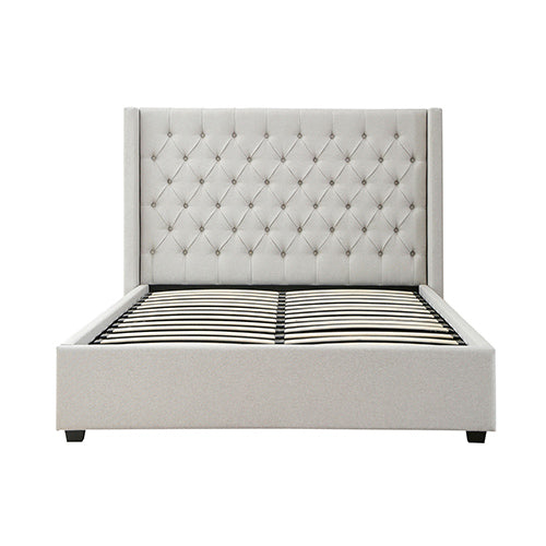 Veronica Bed Frame King Size Winged Grey Linen Fabric Seam Grid Pattern with gas lift plywood metal structure-Furniture > Bedroom > Beds & Bed Frames-PEROZ Accessories