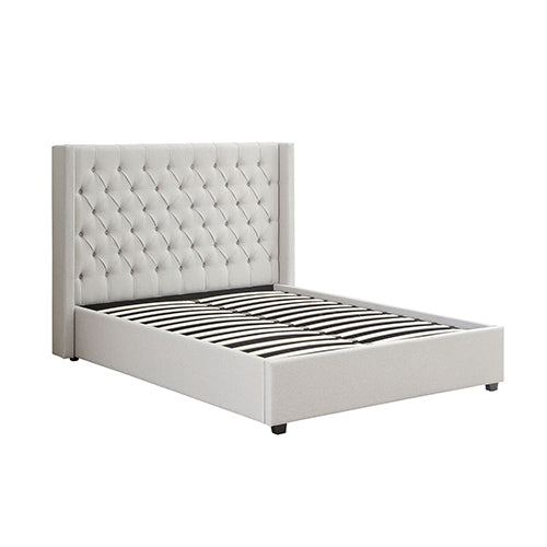 Veronica Bed Frame King Size Winged Grey Linen Fabric Seam Grid Pattern with gas lift plywood metal structure-Furniture > Bedroom > Beds & Bed Frames-PEROZ Accessories