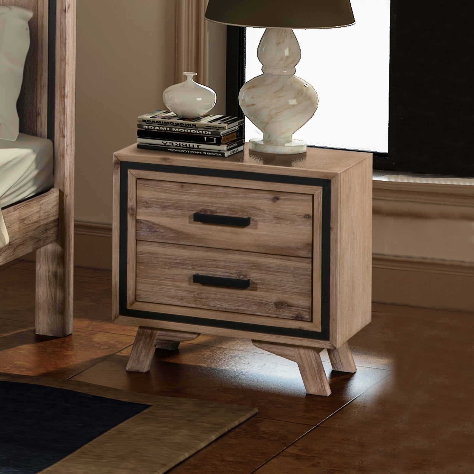 Bedside Table 2 drawer Night Stand with Solid Acacia Storage in Sliver Brush Colour-Furniture > Bedroom-PEROZ Accessories