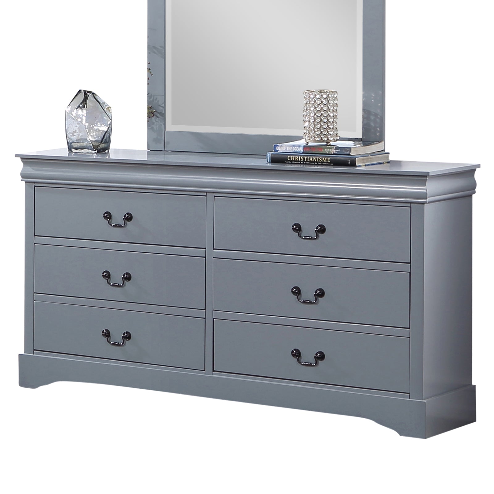 Dressing Chest with 6 Storage Drawers in Solid Wooden Mirror Metal Handles Grey Colour-Furniture > Bedroom > Dressers-PEROZ Accessories