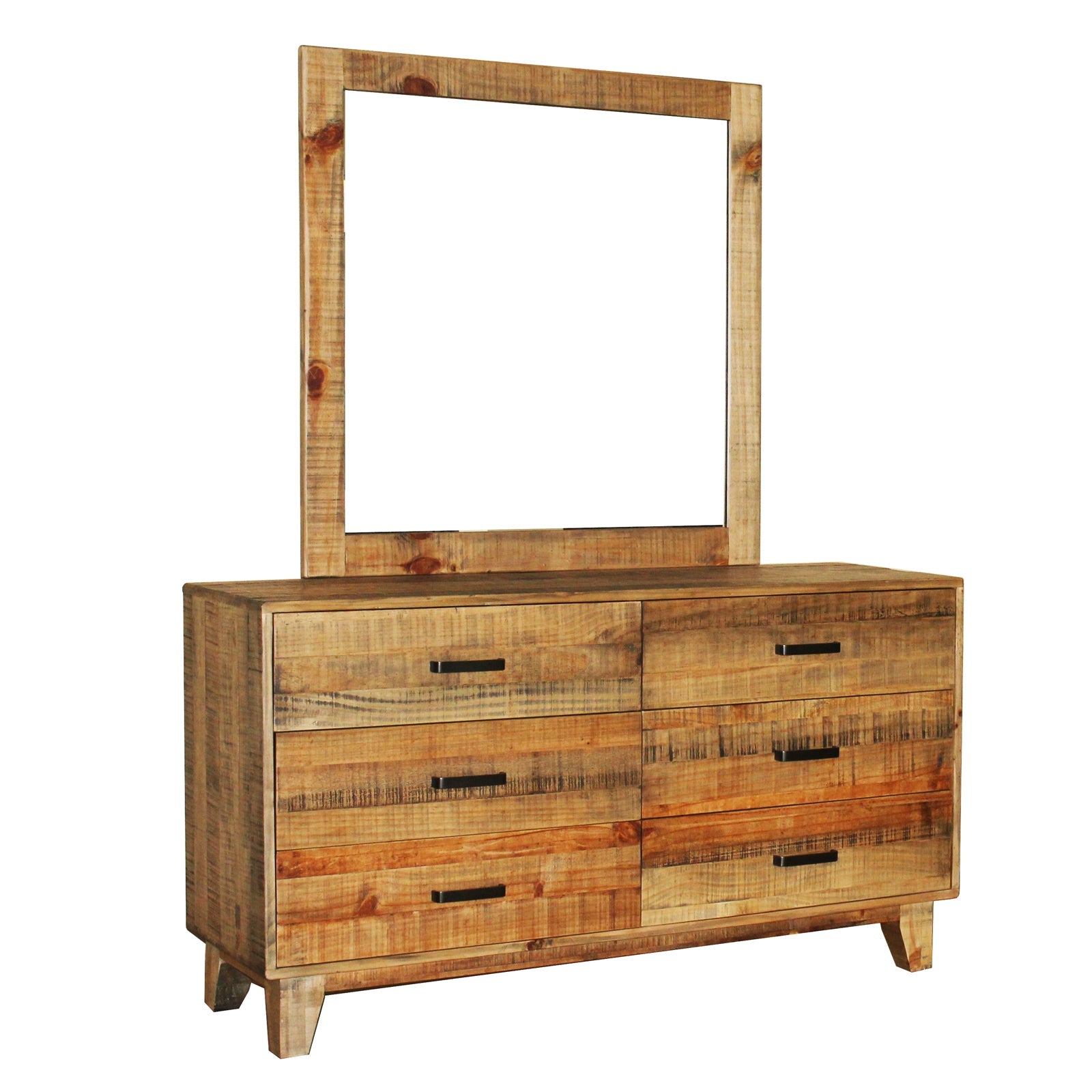 Dresser with 6 Storage Drawers in Solid Acacia With Mirror in Vintage Light Brown Colour-Furniture > Bedroom-PEROZ Accessories