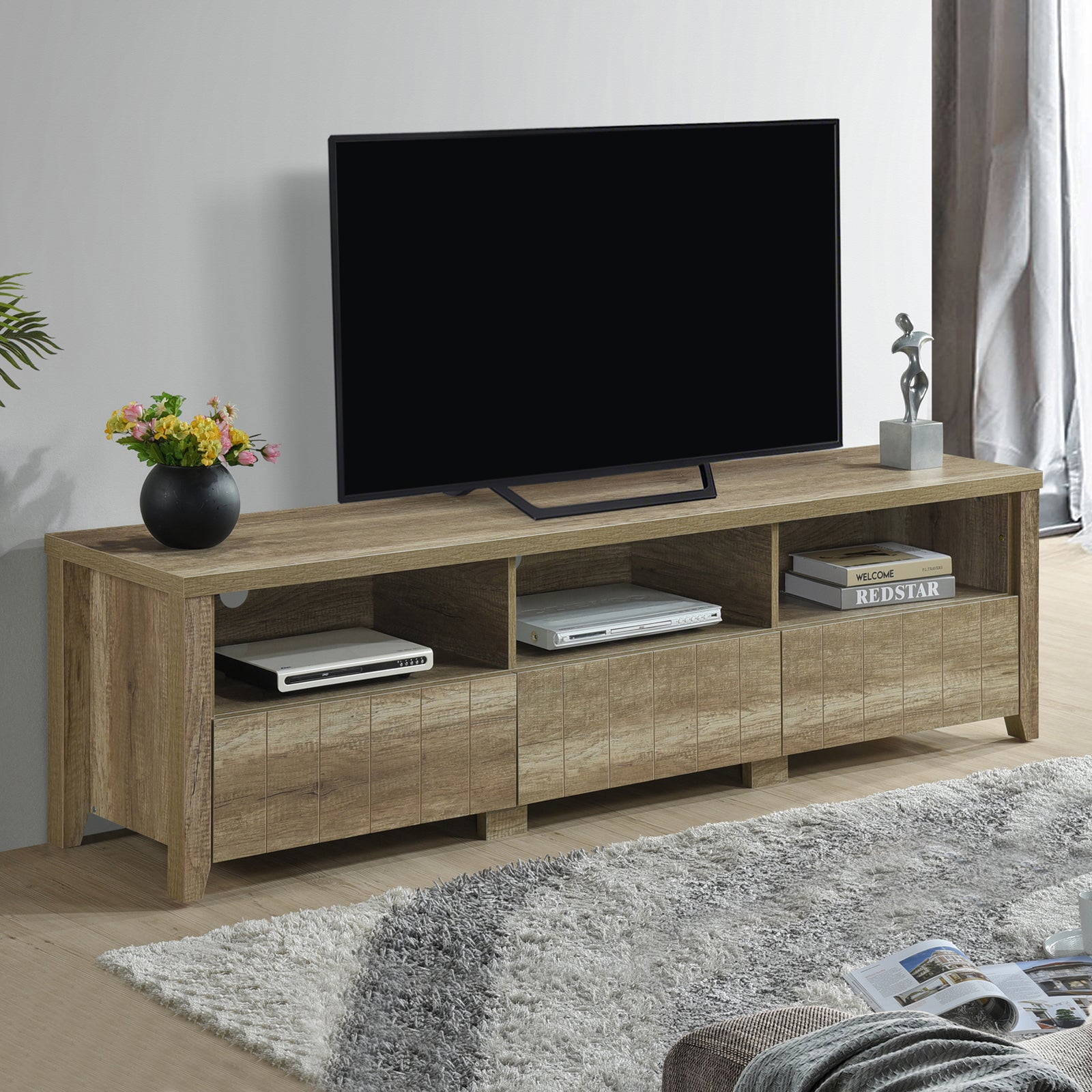 TV Cabinet 3 Storage Drawers with Shelf Natural Wood like MDF Entertainment Unit in Oak Colour-Entertainment Unit-PEROZ Accessories