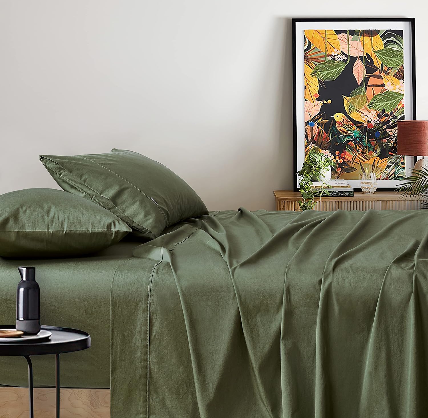 Vintage Washed 100% Cotton Sheet Set with 2 Pillowcases - Khaki Green - Double-Home & Garden > Bedding > Bed Sheets-PEROZ Accessories