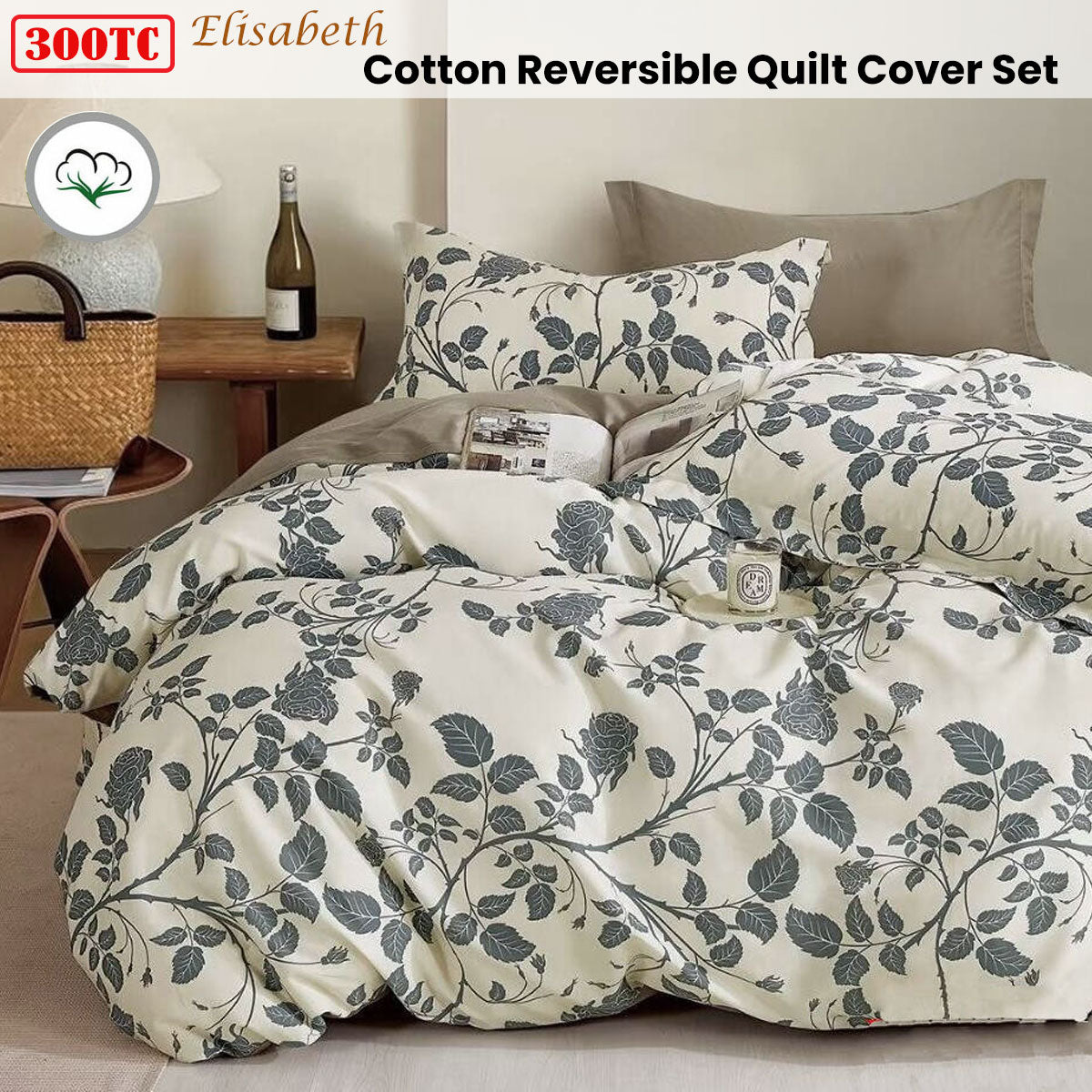 300TC Elisabeth Reversible Cotton Quilt Cover Set King-Home & Garden > Bedding > Duvet Covers-PEROZ Accessories