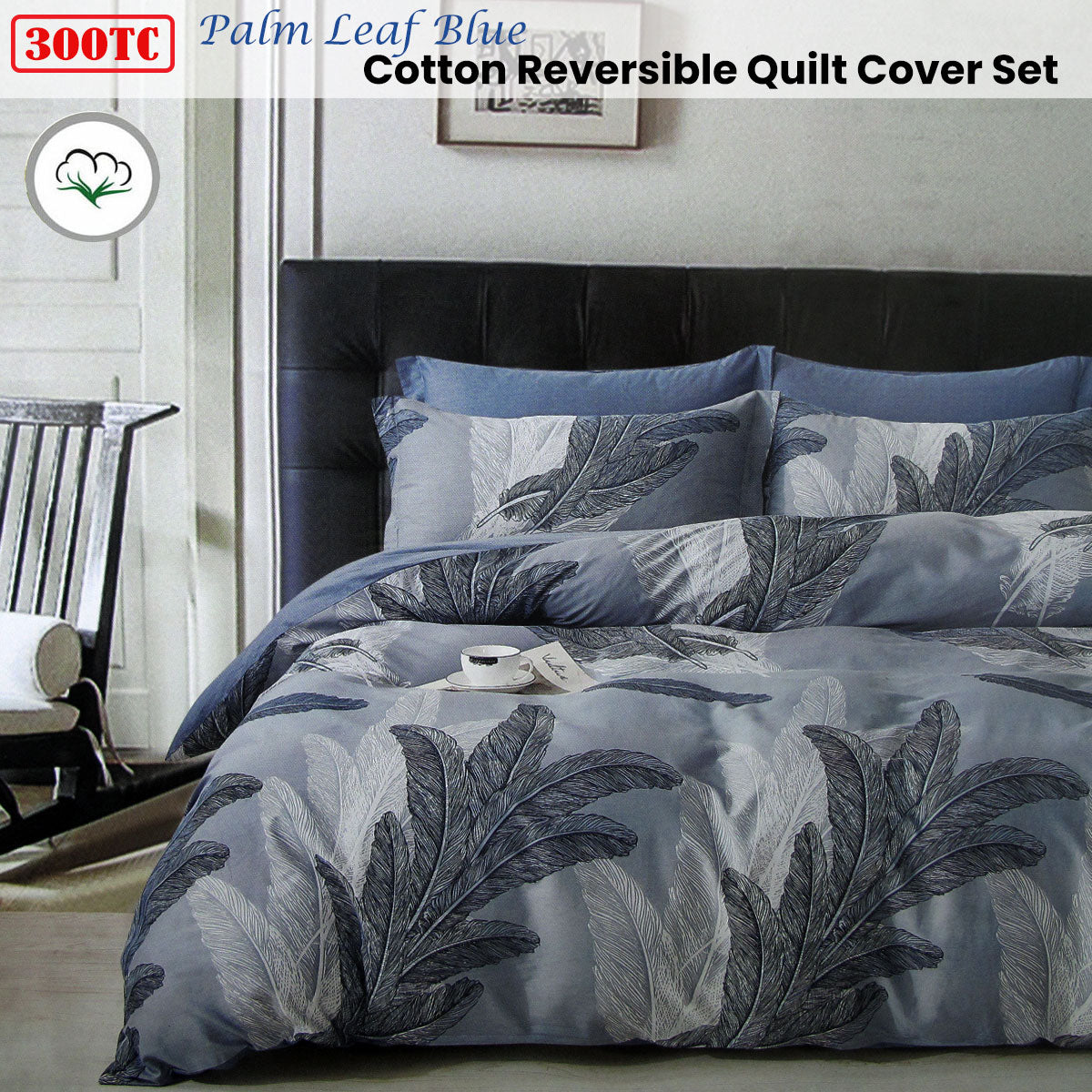300TC Palm Leaf Blue Reversible Cotton Quilt Cover Set Queen-Home & Garden > Bedding > Duvet Covers-PEROZ Accessories