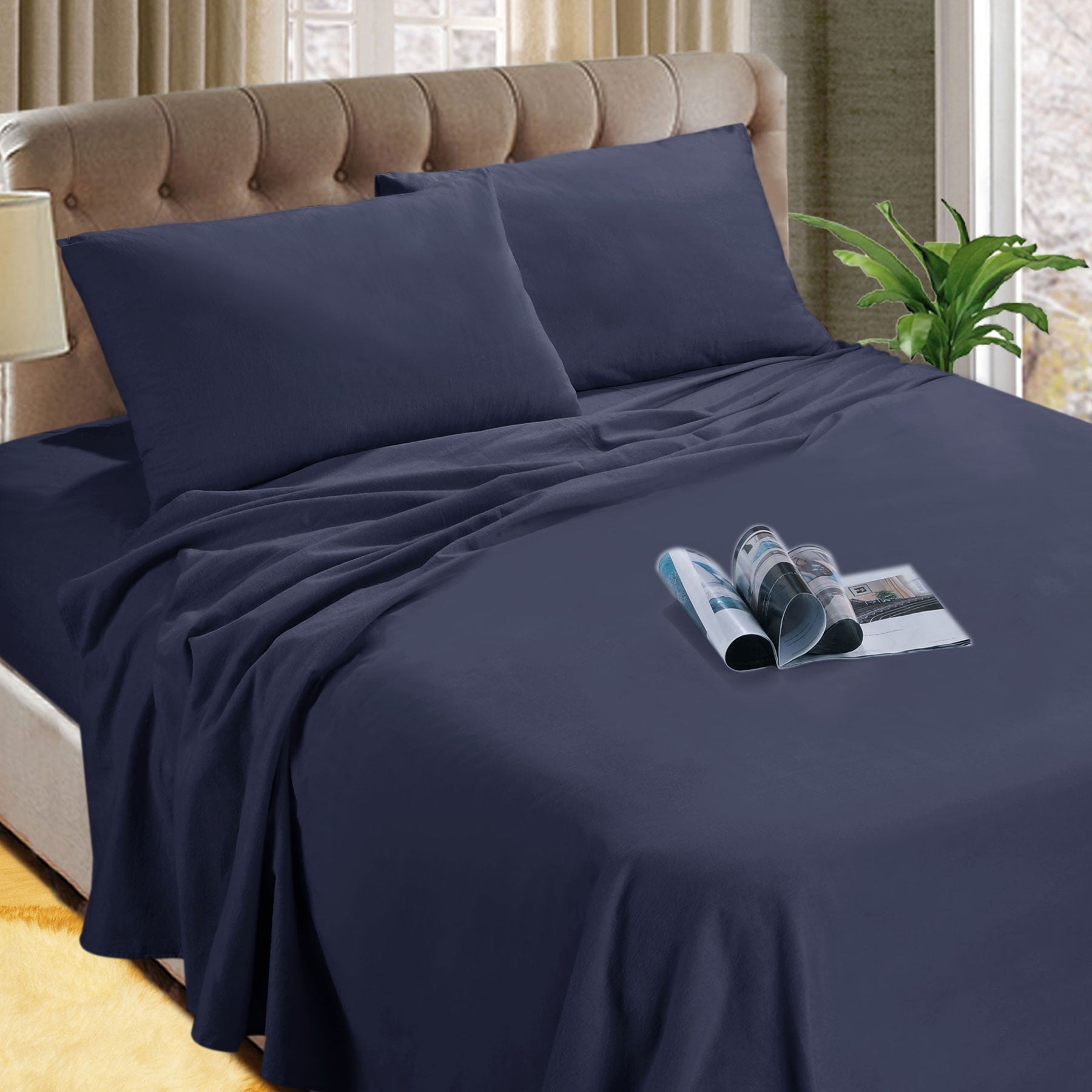 Kingtex Micro Flannelette Sheet Set 40 cm Wall Denim Double-Home & Garden > Bedding > Bed Sheets-PEROZ Accessories