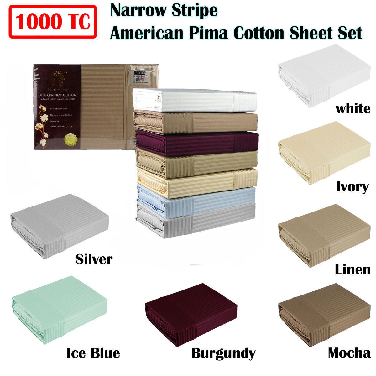 Ramesses 1000TC American Pima Cotton Narrow Stripe Sheet Set Silver King-Home & Garden > Bedding > Bed Sheets-PEROZ Accessories