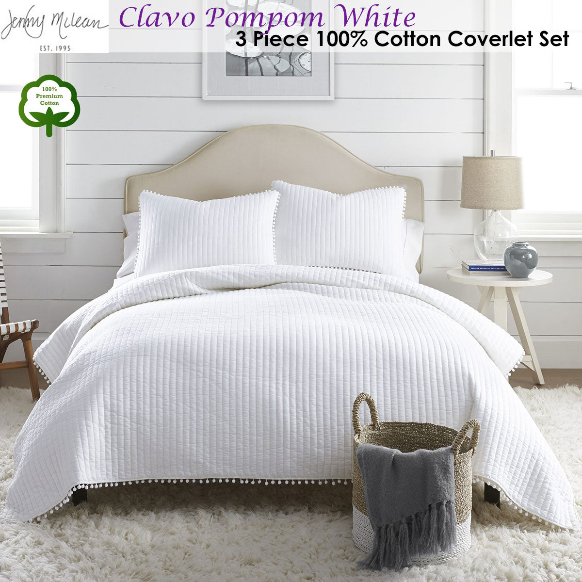 Jenny Mclean Clavo Pompom White 3 Piece 100% Cotton Coverlet Set Queen-Home & Garden > Bedding > Quilts & Duvets-PEROZ Accessories