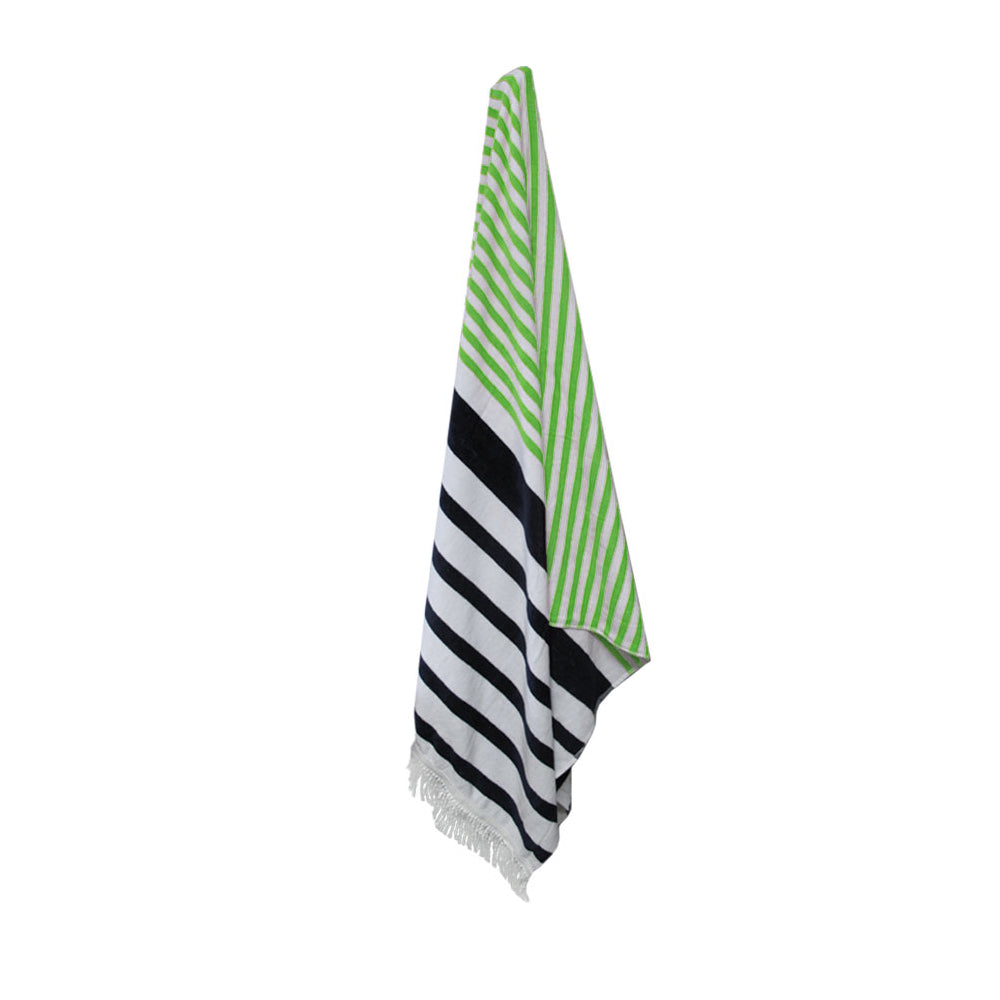 Onkaparinga Rainbow Striped Fringe Cotton Beach Towel Green/Navy-Home & Garden > Pool & Accessories > Beach Towels-PEROZ Accessories