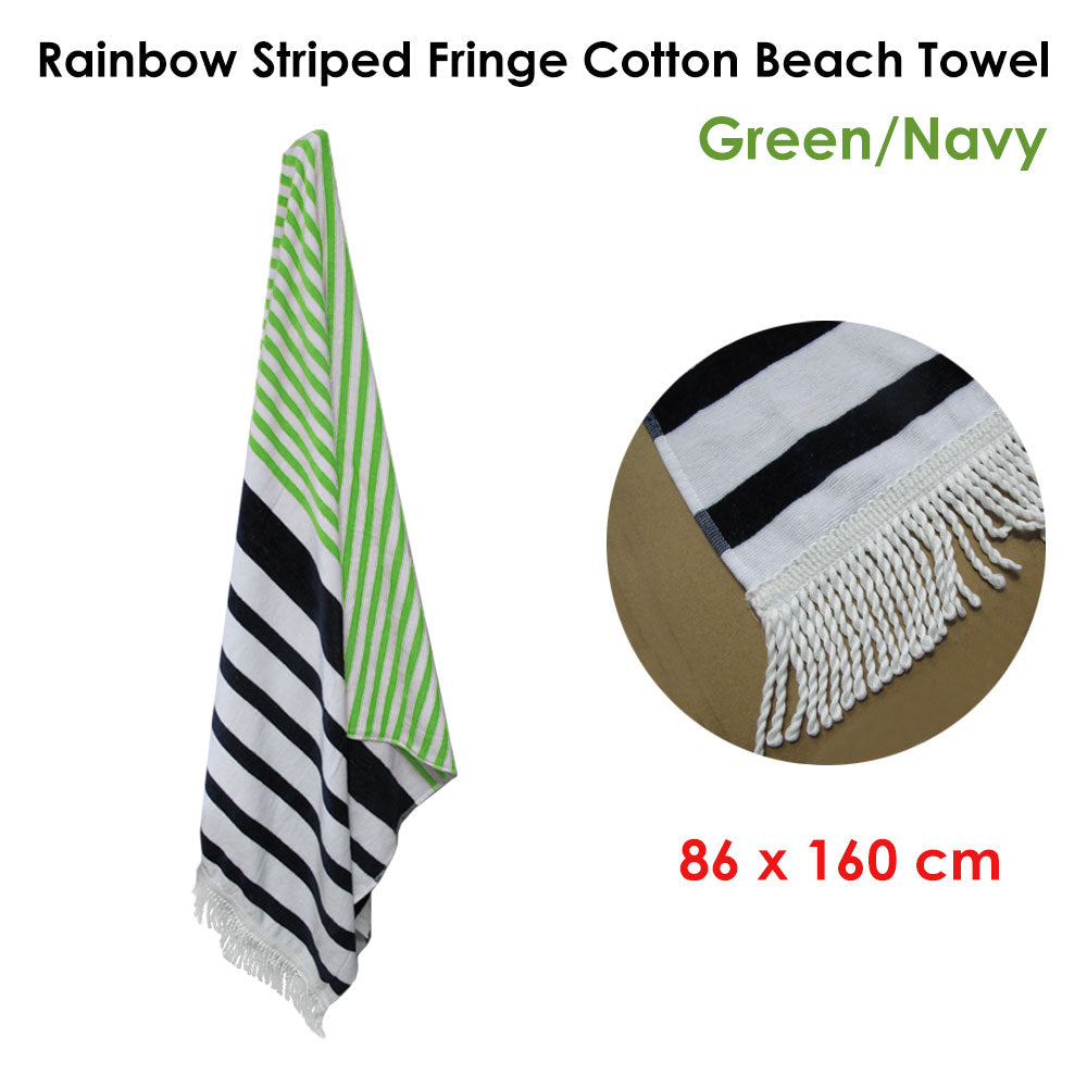 Onkaparinga Rainbow Striped Fringe Cotton Beach Towel Green/Navy-Home & Garden > Pool & Accessories > Beach Towels-PEROZ Accessories
