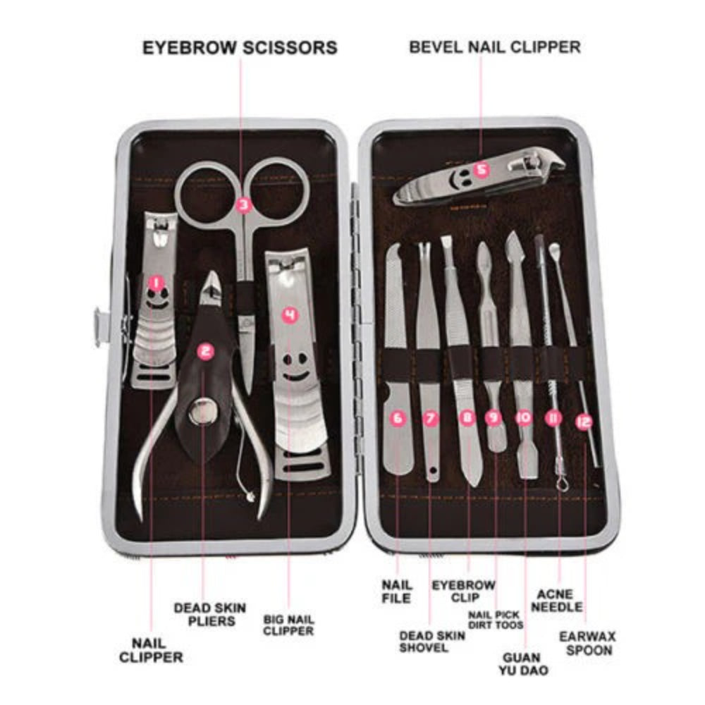 12 Pcs/set Manicure Pedicure Kit Nail Clippers Professional Grooming Kit-Health & Beauty > Personal Care-PEROZ Accessories