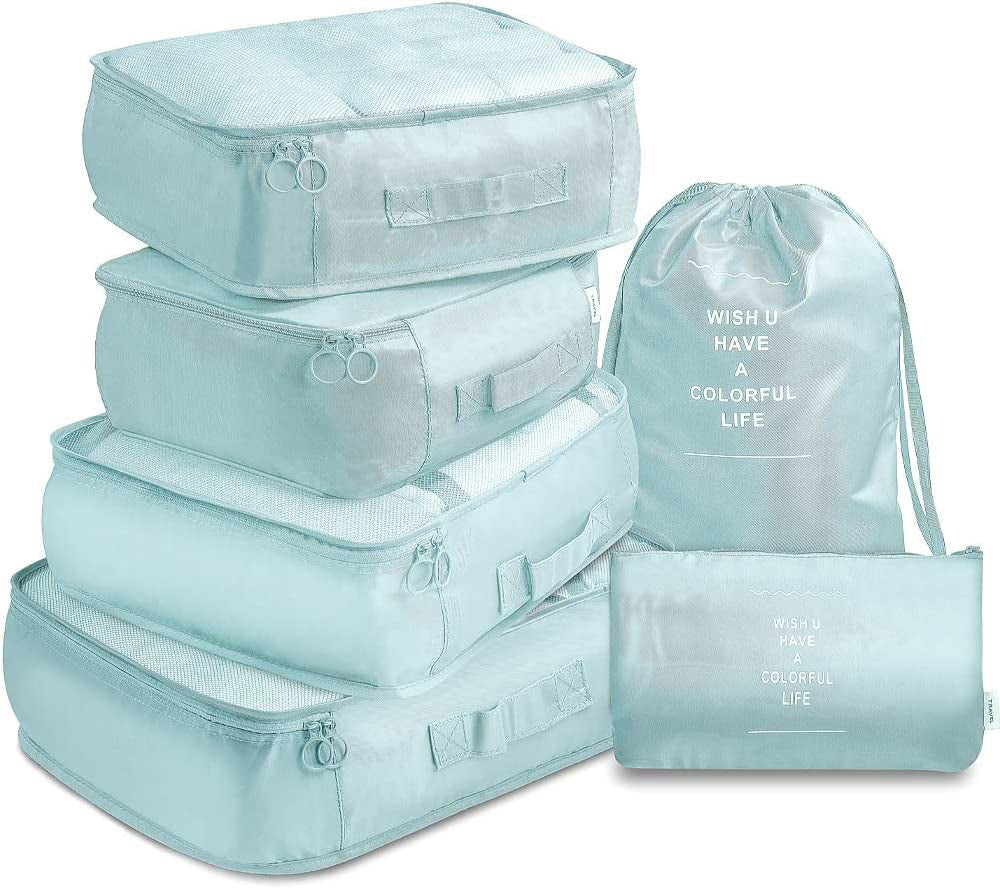 6 Pcs Waterproof Compression Packing Cubes Large Travel Luggage Organizer Storage (Light Blue)-Home & Garden > Travel-PEROZ Accessories