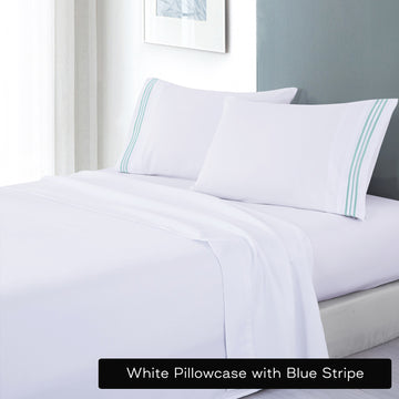 soft microfibre embroidered stripe sheet set double white pillowcase blue stripe-Home & Garden > Bedding > Bed Sheets-PEROZ Accessories