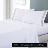 soft microfibre embroidered stripe sheet set double white sheet taupe stripe-Home & Garden > Bedding > Bed Sheets-PEROZ Accessories
