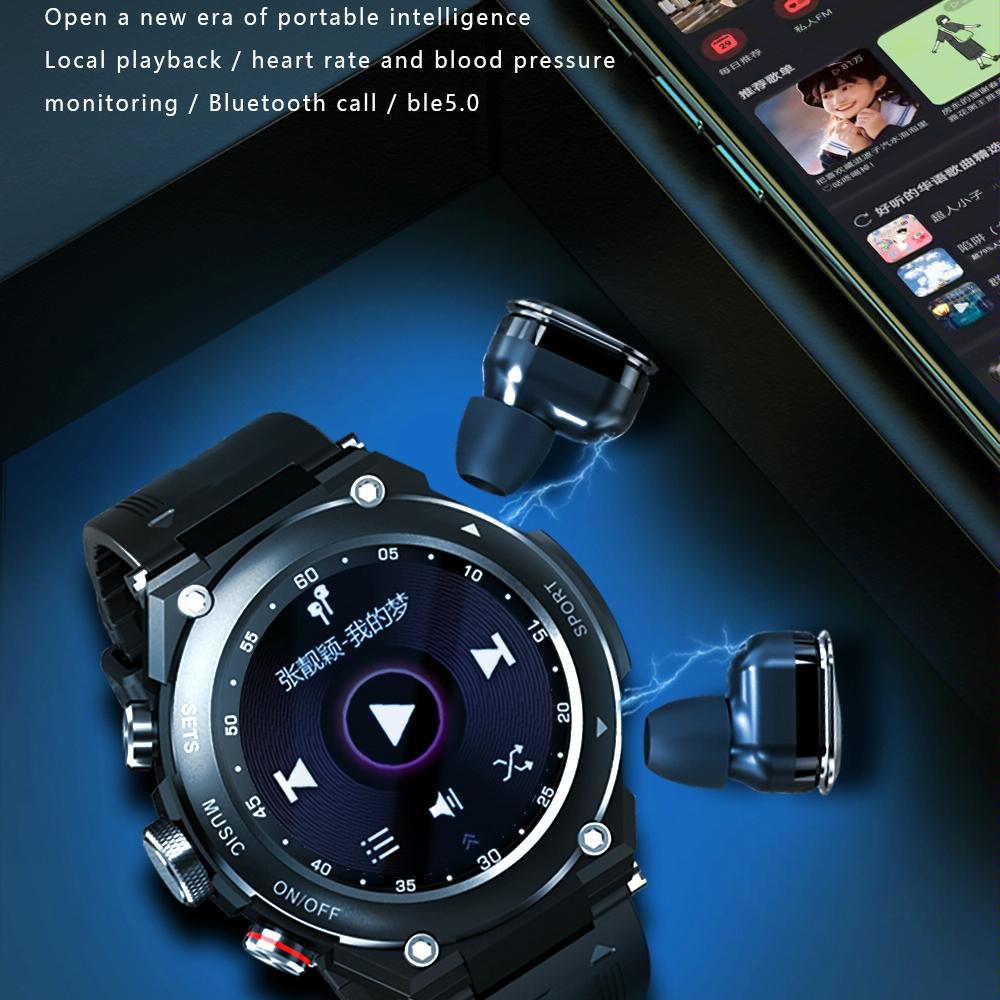 1.28 Inch Ips Touch Screen 2 In 1 Bluetooth Headset Smart Watch Support Heart Rate Monitoring / Bluetooth Music - Black