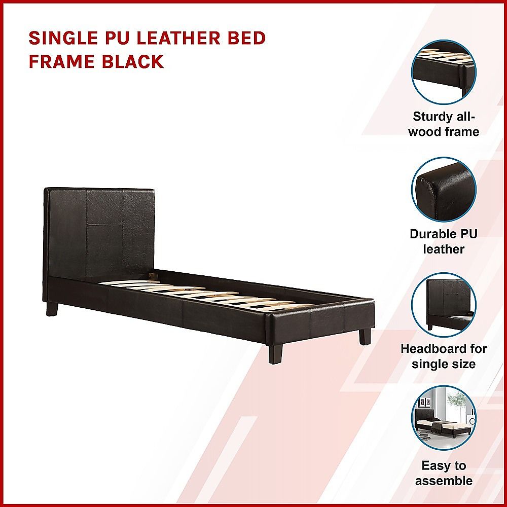 Single PU Leather Bed Frame Black-Furniture > Bedroom-PEROZ Accessories
