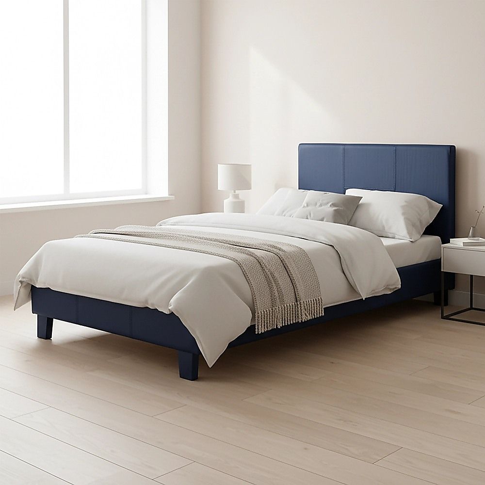 Single PU Leather Bed Frame Blue-Bed Frames-PEROZ Accessories