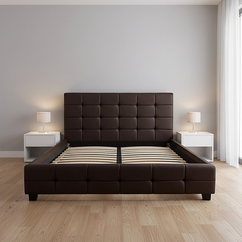 Double PU Leather Deluxe Bed Frame Brown-Bed Frames-PEROZ Accessories
