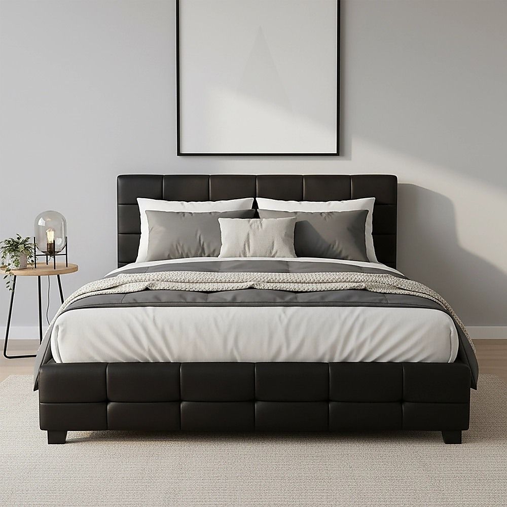 Queen PU Leather Deluxe Bed Frame Black-Furniture > Bedroom-PEROZ Accessories