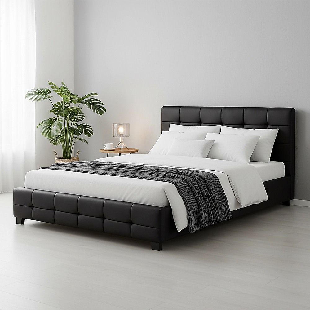 Queen PU Leather Deluxe Bed Frame Black-Furniture > Bedroom-PEROZ Accessories