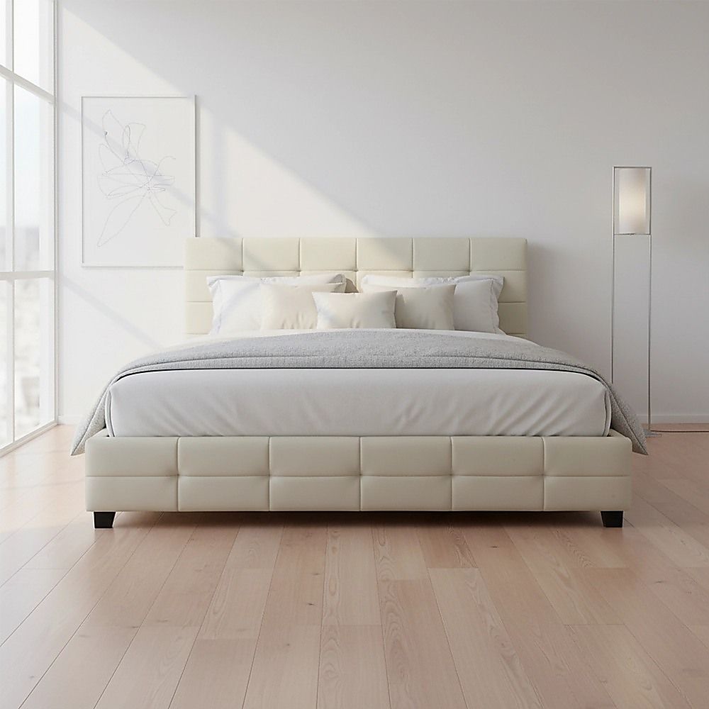 King PU Leather Deluxe Bed Frame White-Bed Frames-PEROZ Accessories