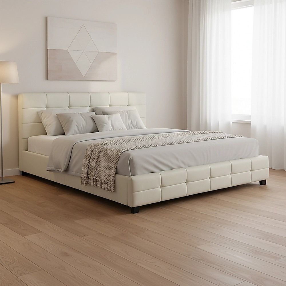 King PU Leather Deluxe Bed Frame White-Bed Frames-PEROZ Accessories
