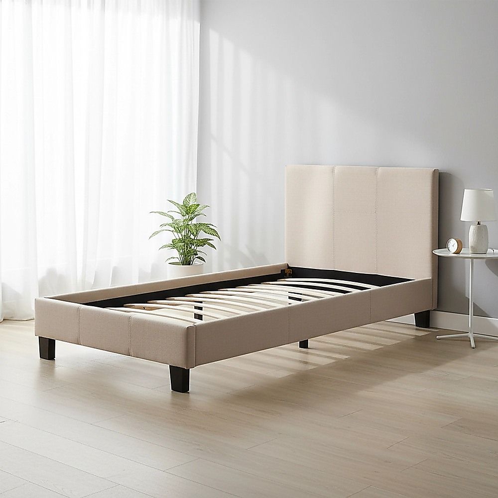 Single Linen Fabric Bed Frame Beige-Bed Frames-PEROZ Accessories