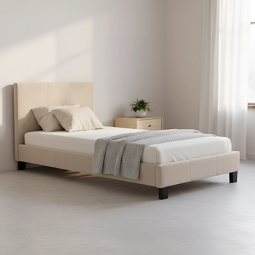 Single Linen Fabric Bed Frame Beige-Bed Frames-PEROZ Accessories