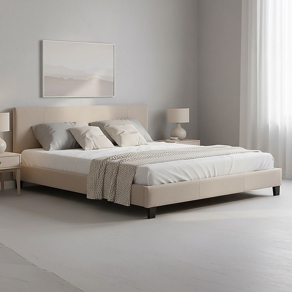 King Linen Fabric Bed Frame Beige-Furniture > Bedroom-PEROZ Accessories