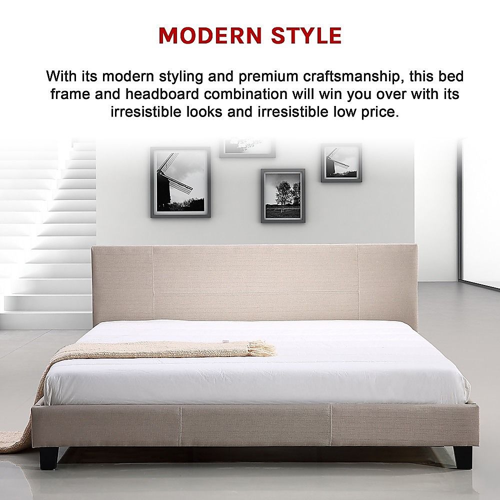 King Linen Fabric Bed Frame Beige-Furniture > Bedroom-PEROZ Accessories