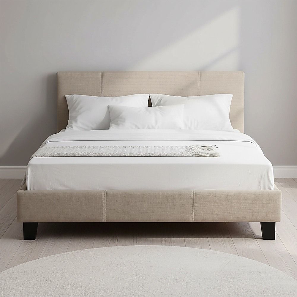 Double Linen Fabric Bed Frame Beige-Furniture > Bedroom-PEROZ Accessories