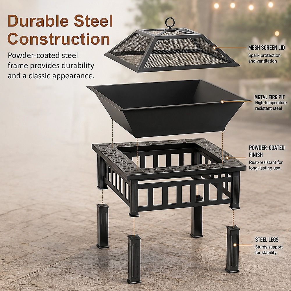 18" Square Metal Fire Pit Outdoor Heater-Fire Pits-PEROZ Accessories