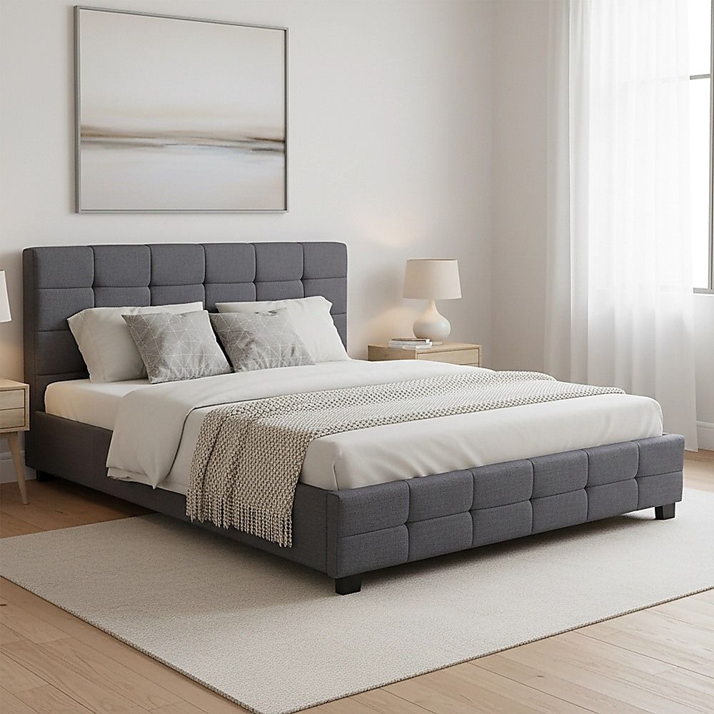 Linen Fabric Queen Deluxe Bed Frame Grey-Furniture > Bedroom-PEROZ Accessories