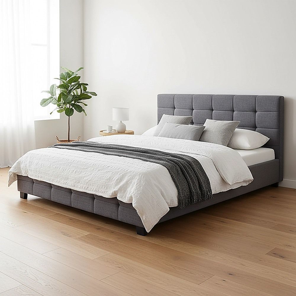 Linen Fabric Queen Deluxe Bed Frame Grey-Furniture > Bedroom-PEROZ Accessories