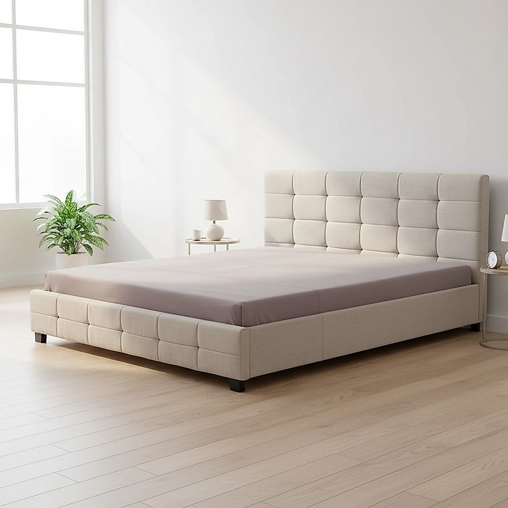 Linen Fabric King Deluxe Bed Frame Beige-Furniture > Bedroom-PEROZ Accessories