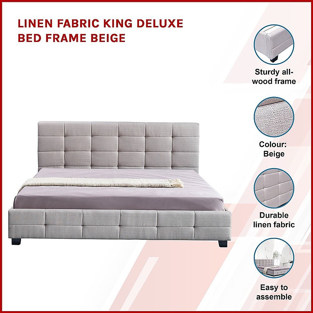 Linen Fabric King Deluxe Bed Frame Beige-Furniture > Bedroom-PEROZ Accessories