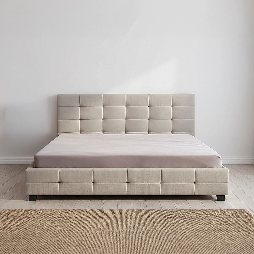 Linen Fabric King Deluxe Bed Frame Beige-Furniture > Bedroom-PEROZ Accessories