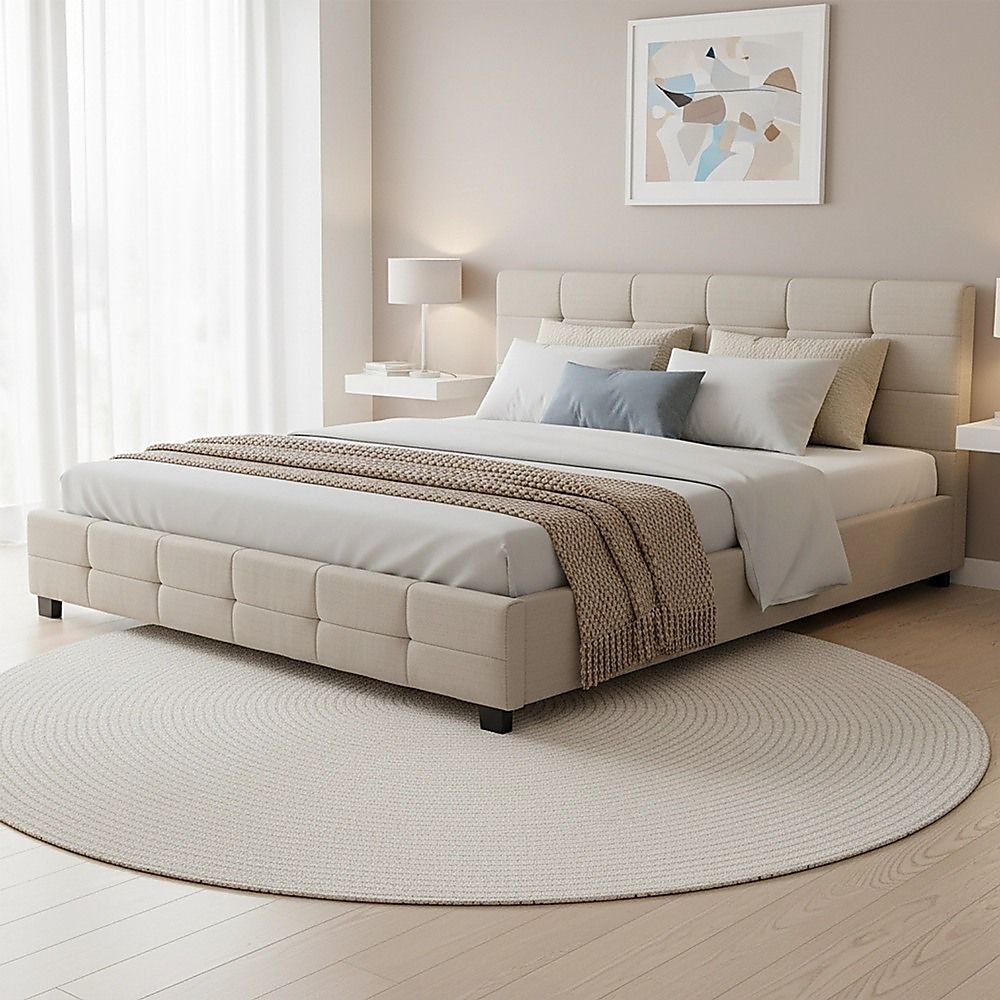 Linen Fabric King Deluxe Bed Frame Beige-Furniture > Bedroom-PEROZ Accessories