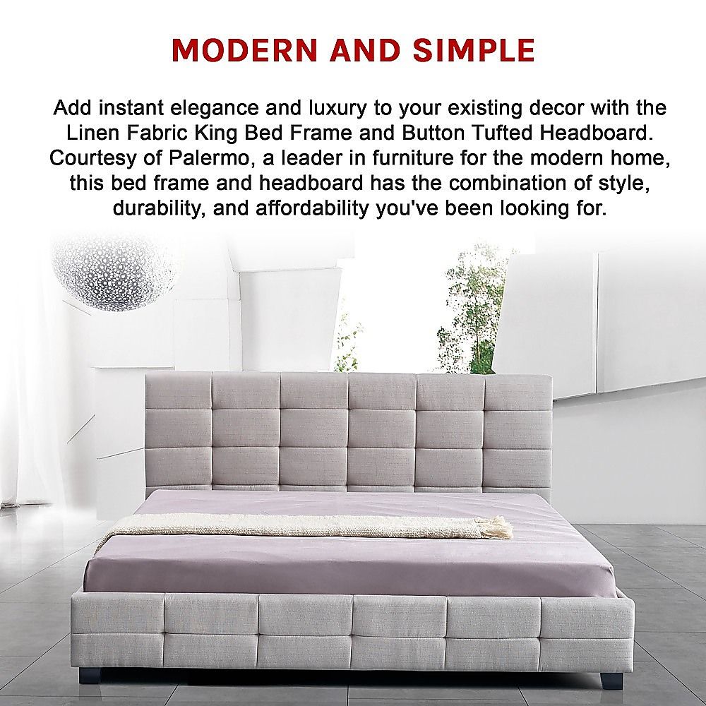 Linen Fabric King Deluxe Bed Frame Beige-Furniture > Bedroom-PEROZ Accessories