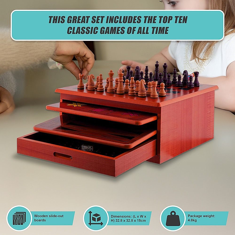 10 in 1 Wooden Chess Board Games Slide Out Checkers House Unit Set-Game Sets & Kits-PEROZ Accessories